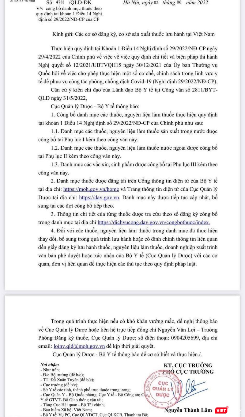 Công văn 4781 của Cục Quản lý Dược công bố đợt 1 danh mục thuốc được tự động gia hạn lưu hành đến 31/12 theo quy định tại Nghị quyết 12/UBTVQH15 và Nghị định 29/2022/NĐ-CP Công văn 4781 của Cục Quản lý Dược công bố đợt 1 danh mục thuốc được tự động gia hạn lưu hành đến 31/12 theo quy định tại Nghị quyết 12/UBTVQH15 và Nghị định 29/2022/NĐ-CP