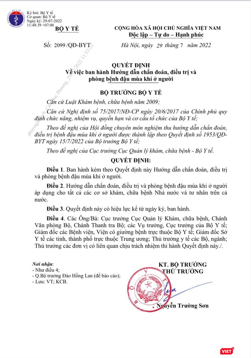 Hôm nay, Bộ Y tế chính thức công bố phác đồ điều trị bệnh đậu mùa khỉ Hôm nay, Bộ Y tế chính thức công bố phác đồ điều trị bệnh đậu mùa khỉ