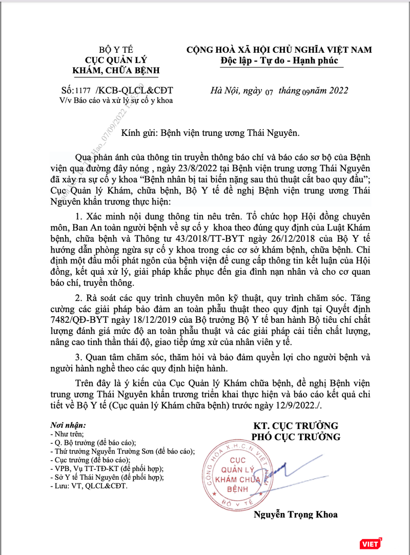 Công văn của Cục Quản lý Khám, chữa bệnh yêu cầu Bệnh viện Trung ương Thái Nguyên khẩn trương làm rõ vụ việc tai biến nặng sau thủ thuật cắt bao quy đầu Công văn của Cục Quản lý Khám, chữa bệnh yêu cầu Bệnh viện Trung ương Thái Nguyên khẩn trương làm rõ vụ việc tai biến nặng sau thủ thuật cắt bao quy đầu