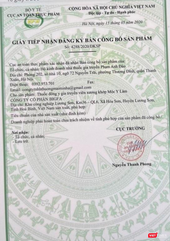 Giấy tiếp nhận đăng ký bản công bố sản phẩm cho sản phẩm viên xương khớp Mộc Y Lâm là giả mạo