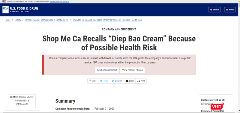 Thông báo của FDA về việc thu hồi kem Diệp Bảo do có chì Thông báo của FDA về việc thu hồi kem Diệp Bảo do có chì