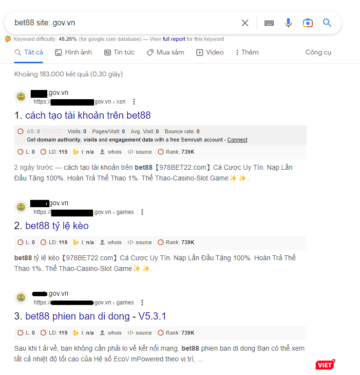 Nội dung trên website của cơ quan nhà nước .gov.vn bị chuyển hướng, dẫn sang website cờ bạc, cá độ.