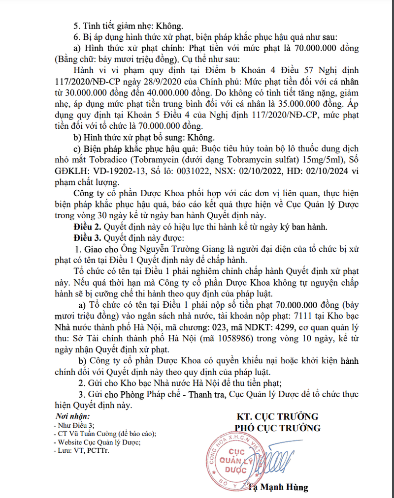 Quyết định xử phạt Công ty CP Dược khoa do Cục Quản lý Dược ban hành Quyết định xử phạt Công ty CP Dược khoa do Cục Quản lý Dược ban hành