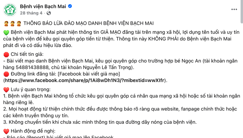 BV Bạch Mai thông báo fanpage giả mạo BV để lừa người dân BM.png