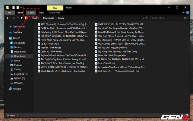 Đầu tiên sẽ là lựa chọn sử dụng tính năng Share trong File Explorer. Để kích hoạt, bạn hãy điều hướng đến thư mục hoặc tập tin mình cần và nhấp vào tab Share trên thanh menu của File Explorer.