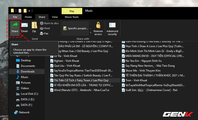 Tiếp theo hãy nhấp vào tùy chọn Share ở menu mở rộng của tab Share.