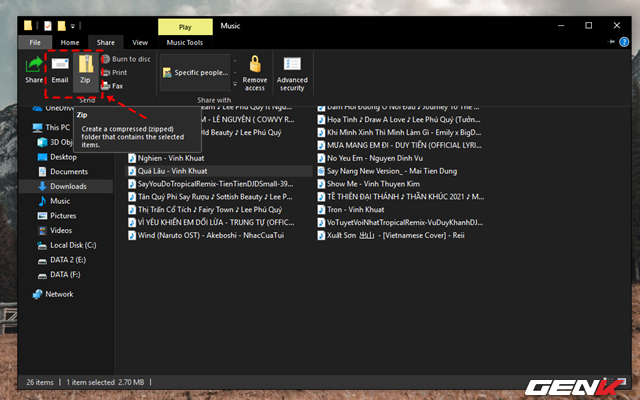 Ngoài ra, menu Share trong File Explorer còn cho phép người dùng có thể gửi nhanh dữ liệu qua Email hoặc nén lại với định dạng ZIP nếu muốn. Nói chung tùy thuộc vào định dạng tập tin mà File Explorer cung cấp cho bạn cách chia sẻ cho phù hợp.