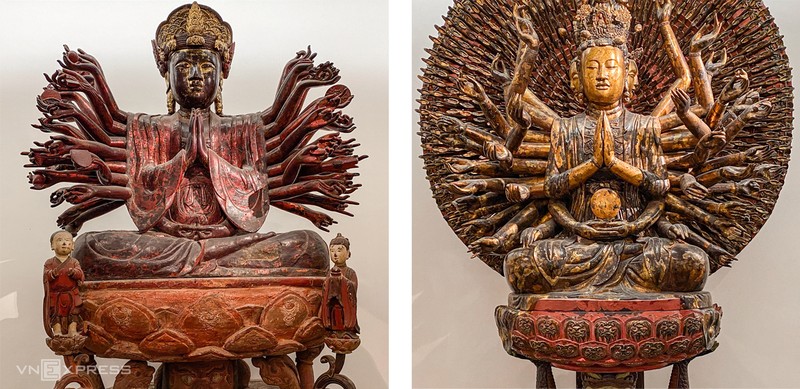 Khác biệt về phần vai của tượng Quan Âm chùa Hội Hạ (Vĩnh Phúc) với tượng Quan Âm chùa Bút Tháp (Bắc Ninh).