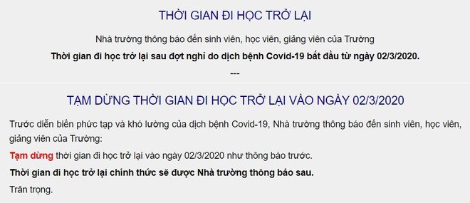 ĐH Giao thông Vận tải TP.HCM thông báo tạm dừng đi học trở lại vào ngày 2/3. ĐH Giao thông Vận tải TP.HCM thông báo tạm dừng đi học trở lại vào ngày 2/3.