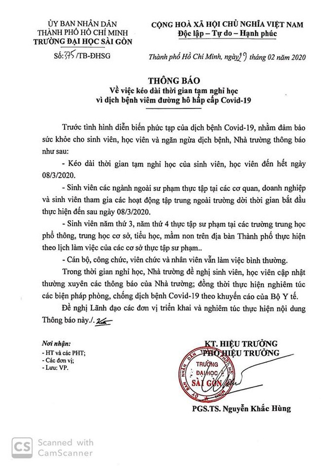 Trường ĐH Sài Gòn tiếp tục lùi lịch học cho sinh viên đến hết ngày 8/3. Trường ĐH Sài Gòn tiếp tục lùi lịch học cho sinh viên đến hết ngày 8/3.