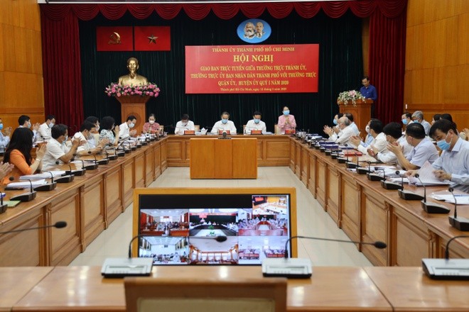 Toàn cảnh hội nghị trực tuyến của Thành ủy TP.HCM. Ảnh: HMC. Toàn cảnh hội nghị trực tuyến của Thành ủy TP.HCM. Ảnh: HMC.