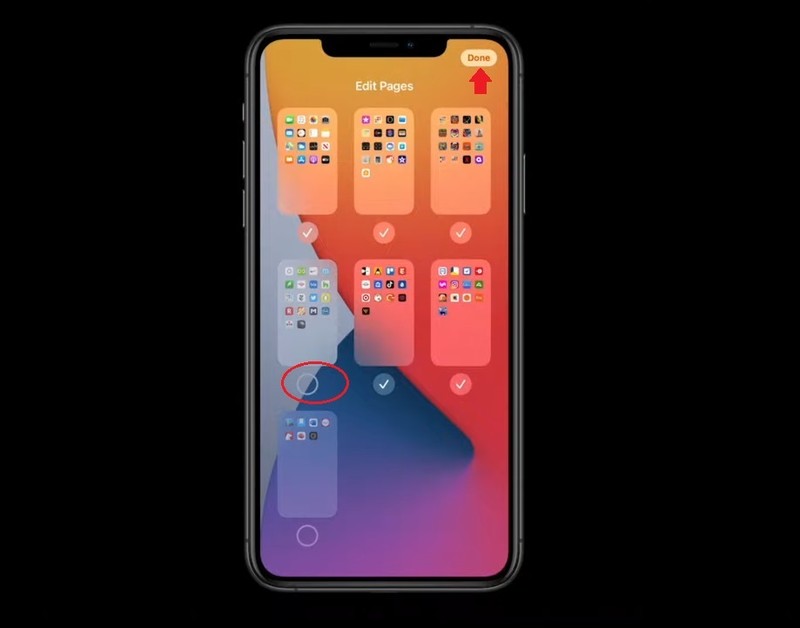 Sau đó bạn chỉ cần bỏ dấu tích chọn với trang màn hình chính nào muốn ẩn đi, và cuối cùng bấm Done để hoàn tất.