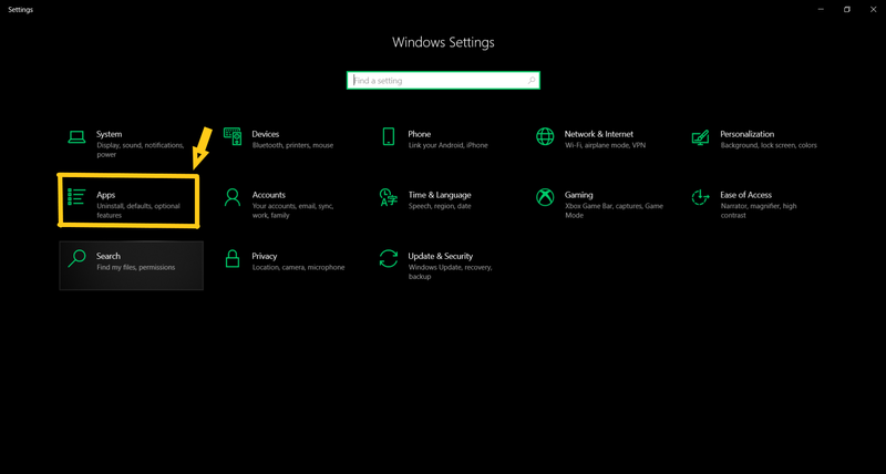 Chọn Settings > Apps để xóa ứng dụng trên Win 10