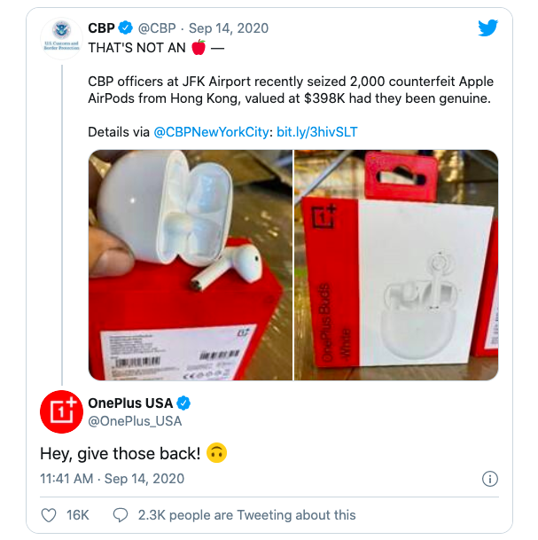 Hình ảnh tai nghe OnePlus Buds đăng trên Twitter của CBP và phản hồi của OnePlus Mỹ.