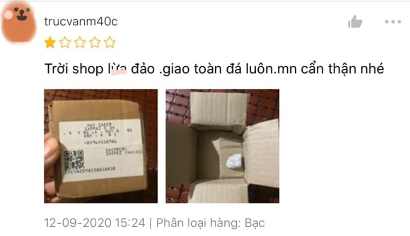 Khách hàng để lại đánh giá 1 sao kèm hình ảnh hàng hóa nhận được.