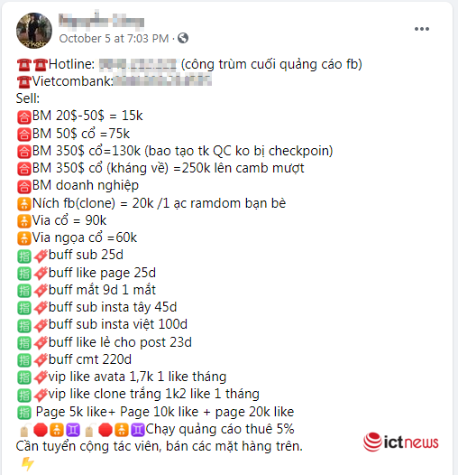 Các loại dịch vụ mua bán via, cứu tài khoản, hồi sinh nick rất phổ biến ở Việt Nam. Các loại dịch vụ mua bán via, cứu tài khoản, hồi sinh nick rất phổ biến ở Việt Nam.