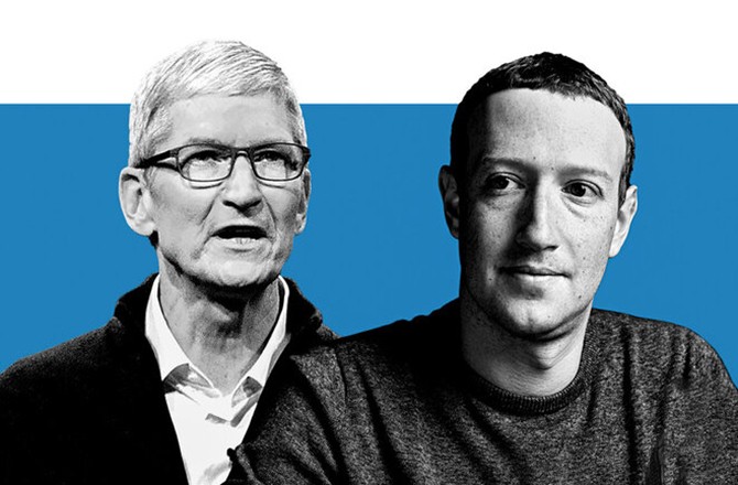 CEO Apple Tim Cook (bên trái) và CEO Facebook Mark Zuckerberg (bên phải). CEO Apple Tim Cook (bên trái) và CEO Facebook Mark Zuckerberg (bên phải).