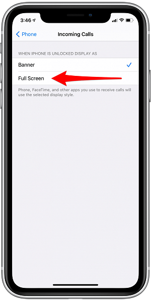 Đánh dấu lựa chọn Full Screen. Lần tới khi có cuộc gọi đến, thông báo trên iPhone sẽ xuất hiện toàn màn hình kiểu truyền thống. Đánh dấu lựa chọn Full Screen. Lần tới khi có cuộc gọi đến, thông báo trên iPhone sẽ xuất hiện toàn màn hình kiểu truyền thống.