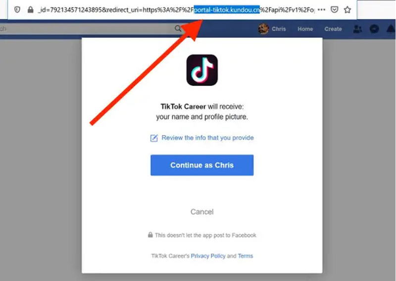 Bất kỳ ứng viên nào chọn đăng nhập bằng Facebook sẽ được chuyển hướng tới một website có đuôi .cn (phần tô đậm). Ảnh: Business Insider. Bất kỳ ứng viên nào chọn đăng nhập bằng Facebook sẽ được chuyển hướng tới một website có đuôi .cn (phần tô đậm). Ảnh: Business Insider.