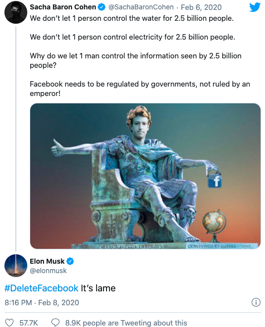 Musk chia sẻ tweet của diễn viên người Anh Sacha Baron Cohen kèm hashtag #DeleteFacebook.
