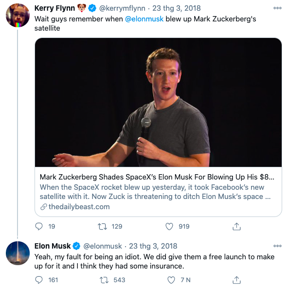 Musk nói mình là &quot;kẻ ngốc&quot; khi đã nhận lời phóng vệ tinh cho Facebook.