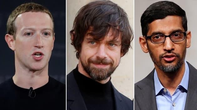 Từ trái qua: CEO Facebook, Twitter, Google. (Ảnh: CNBC) Từ trái qua: CEO Facebook, Twitter, Google. (Ảnh: CNBC)