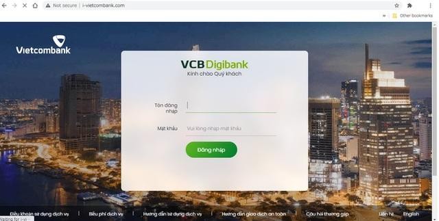 Giao diện của trang web giả mạo Vietcombank.