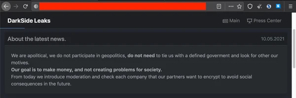 Nhóm tin tặc DarkSide lên tiếng sau cáo buộc thực hiện vụ tấn công mạng nhắm vào Colonial Pipeline. Ảnh: Motherboard. Nhóm tin tặc DarkSide lên tiếng sau cáo buộc thực hiện vụ tấn công mạng nhắm vào Colonial Pipeline. Ảnh: Motherboard.