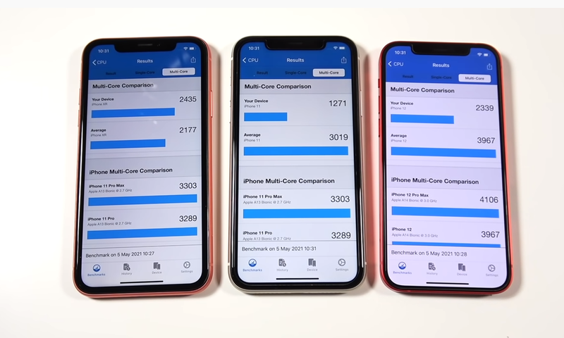 iOS 14.5.1 khiến hiệu năng của iPhone 12 (phải) và iPhone 11 (giữa) thấp hơn cả iPhone XR (trái) khi chấm điểm bằng GeekBench. Ảnh: Nick Ackerman