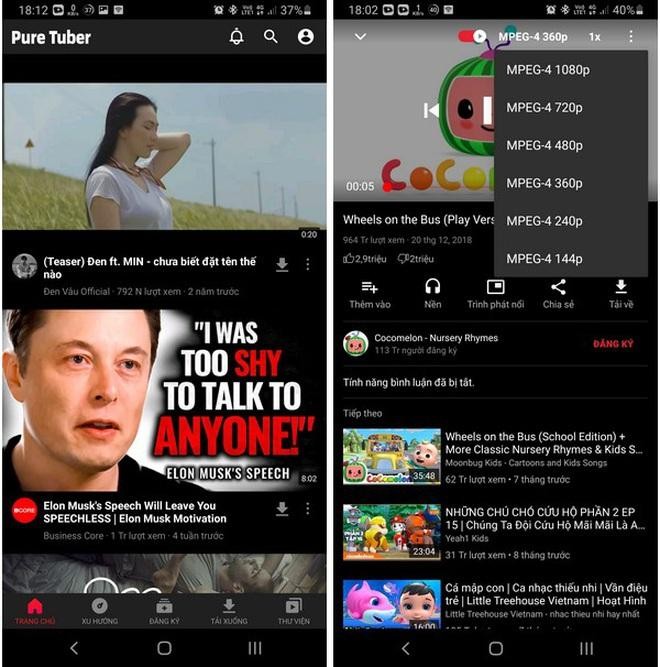 Pure Tuber có giao diện giống ứng dụng Youtube, cho phép nghe nhạc trên Youtube mà không cần mở màn hình. Pure Tuber có giao diện giống ứng dụng Youtube, cho phép nghe nhạc trên Youtube mà không cần mở màn hình.