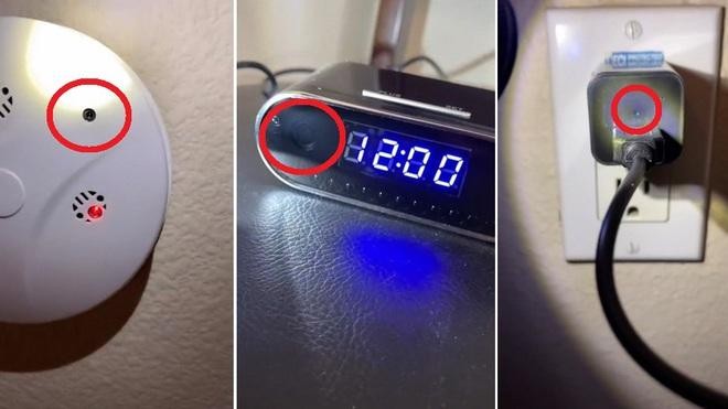 Camera được giấu kín bên trong thiết bị báo cháy (trái), đồng hồ báo thức (giữa) và củ sạc gắn trên tường (phải). Camera được giấu kín bên trong thiết bị báo cháy (trái), đồng hồ báo thức (giữa) và củ sạc gắn trên tường (phải).