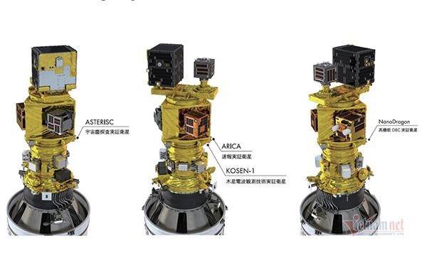 Sơ đồ bố trí các vệ tinh Cubesat trên tên lửa Epsilon số 5 trong lần phóng này (Ảnh: JAXA) Sơ đồ bố trí các vệ tinh Cubesat trên tên lửa Epsilon số 5 trong lần phóng này (Ảnh: JAXA)