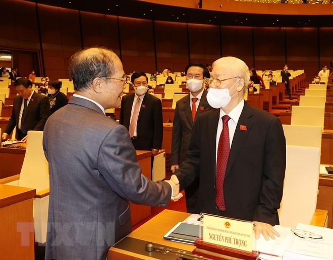 Tổng Bí thư Nguyễn Phú Trọng với nguyên Chủ tịch Quốc hội Nguyễn Sinh Hùng tại phiên khai mạc. (Ảnh: Trí Dũng/TTXVN)