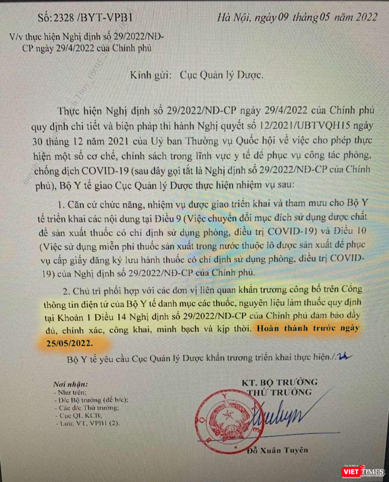 Công văn 2328/BYT-VPB1 của Thứ trưởng Y tế Đỗ Xuân Tuyên giao nhiệm vụ và hạn hoàn thành cụ thể cho Cục Quản lý Dược