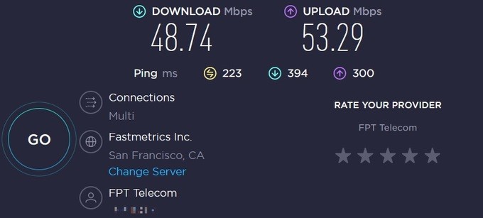 Thử nghiệm tốc độ kết nối Internet từ Việt Nam đến máy chủ đặt tại Mỹ cho thấy kết quả tốt vào giờ cao điểm (Ảnh chụp màn hình).