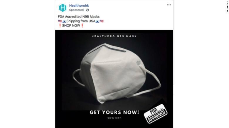 Một quảng cáo khẩu trang N95 được cho là đã được FDA chứng nhận trên Facebook. Ảnh: CNN Ảnh: CNN