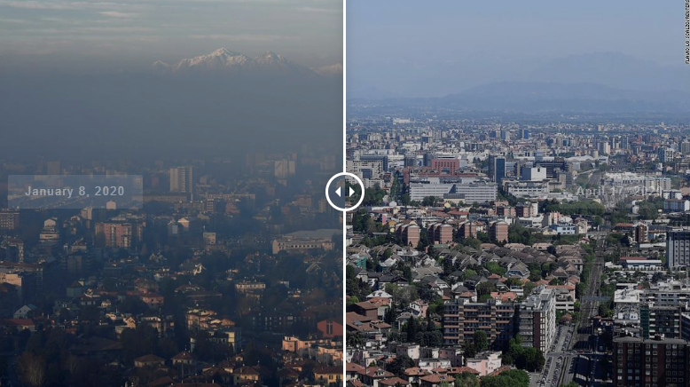 Thành phố Milan, Ý được chụp vào ngày 8/1/2020 (trái) và 17/4/2020 (phải). Ảnh: CNN Ảnh: CNN