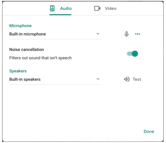 Bật tắt tính năng khử nhiễu tiếng ồn dễ dàng trên menu âm thanh của Google Meet. Ảnh: Android Police Ảnh: Android Police