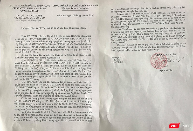 Văn bản trả lời Công ty Phúc Hoàng Ngọc của Chi cục Thi hành án dân sự quận Hải Châu.