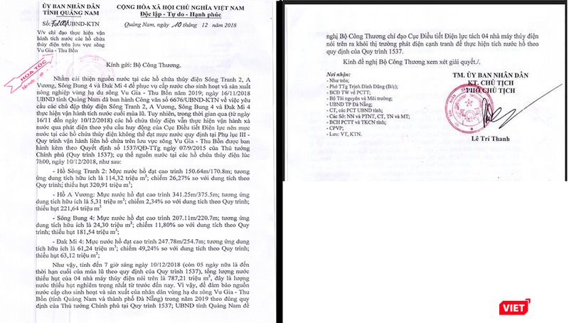 Công điện khẩn của UBND tỉnh Quảng Nam đề nghị các thủy điện tích nước, dự trữ nguồn nước cho hạ du trong năm 2019
