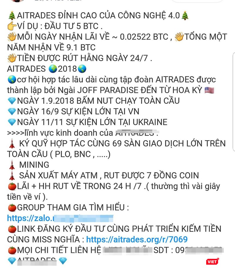 Một nội dung quảng cáo kêu gọi đầu tư tiền ảo trên mạng xã hội Một nội dung quảng cáo kêu gọi đầu tư tiền ảo trên mạng xã hội
