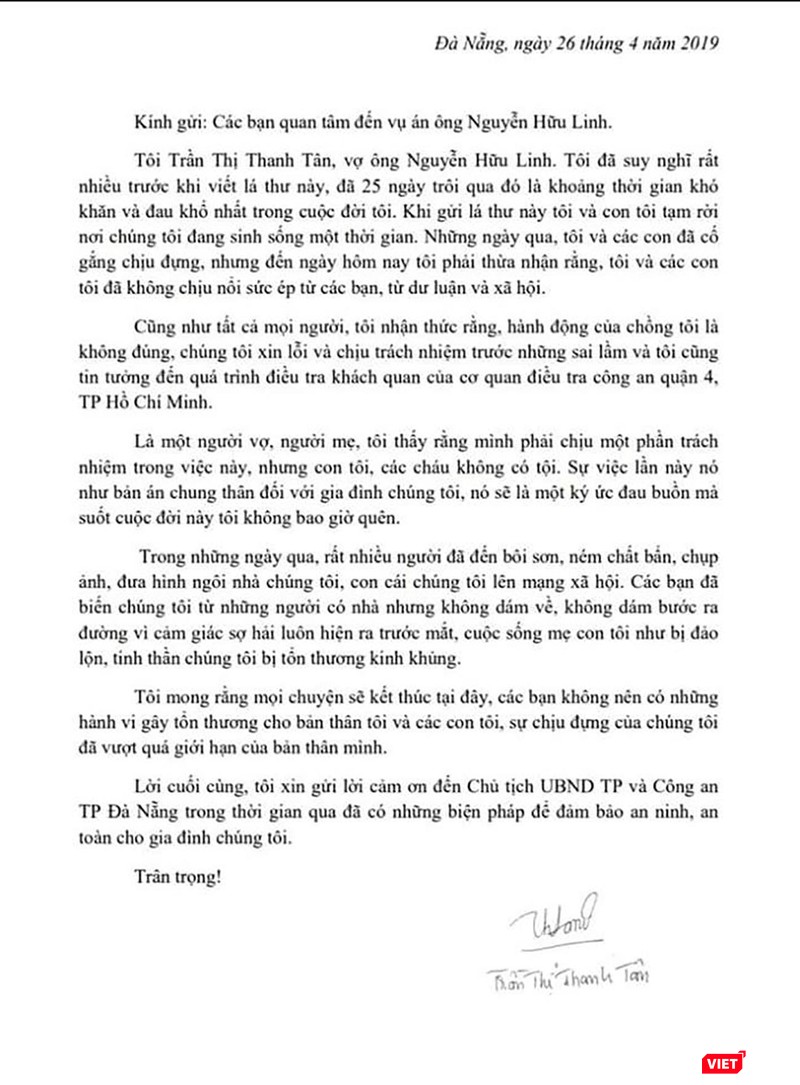 Bà Tân cũng có Tâm thư gửi đến “Các bạn quan tâm đến vụ án ông Nguyễn Hữu Linh” Bà Tân cũng có Tâm thư gửi đến “Các bạn quan tâm đến vụ án ông Nguyễn Hữu Linh”