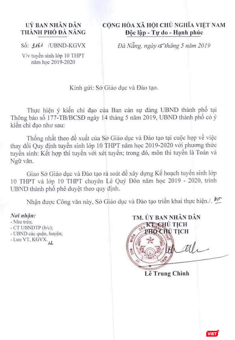 Văn bản thay đổi quy định tuyển sinh lớp 10 năm học 2019-2020 của UBND TP Đà Nẵng khi kỳ thi chỉ còn 2 tuần đã gây bức xúc trong dư luận