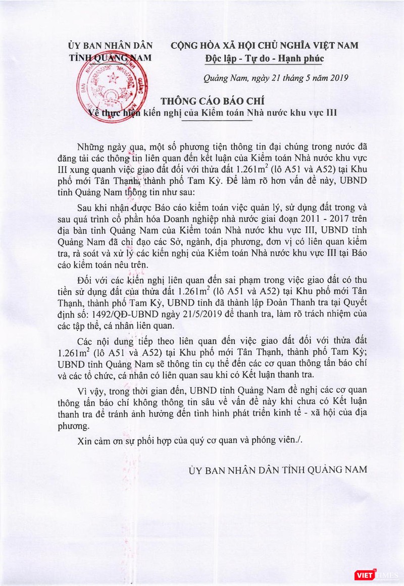Thông cáo báo chí của UBND tỉnh Quảng Nam đề nghị báo chí không thông tin sâu về lô đất A51 và A52 theo nội dung báo cáo của Kiểm toán Nhà nước