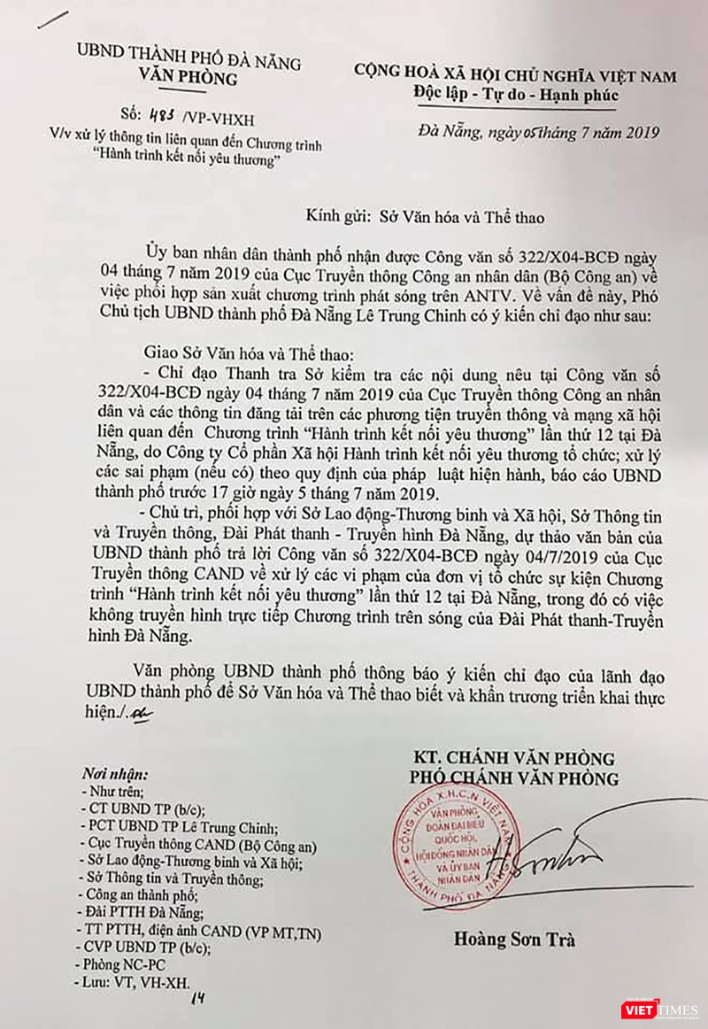 Văn bản chỉ đạo làm rõ sự việc của Phó Chủ tịch UBND TP Đà Nẵng