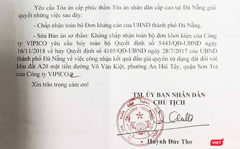 Nội dung kháng cáo của UBND TP Đà Nẵng đối với bản án sơ thẩm vụ kiện giữa Công ty Vipico và UBND TP Đà Nẵng liên quan đến lô đất A20 đường Võ Văn Kiệt (quận Sơn Trà, TP Đà Nẵng)
