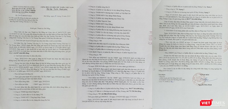Báo cáo liên quan đến kết quả mở thầu dự án xây dựng Trường Tiểu học Lý Tự Trọng của Ban QLDA gửi Thành ủy Đà Nẵng