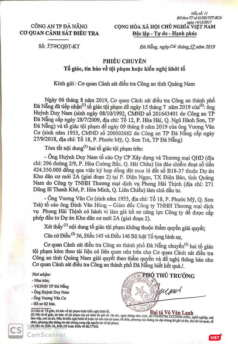Phiếu chuyển của cơ quan Công an TP Đà Nẵng đến Công an tỉnh Quảng Nam liên quan đến đơn tố cáo của công dân đối với dự án Khu dân cư mới 2A - Pride City (phường Điện Ngọc, thị xã Điện Bàn, Quảng Nam) Phiếu chuyển của cơ quan Công an TP Đà Nẵng đến Công an tỉnh Quảng Nam liên quan đến đơn tố cáo của công dân đối với dự án Khu dân cư mới 2A - Pride City (phường Điện Ngọc, thị xã Điện Bàn, Quảng Nam)