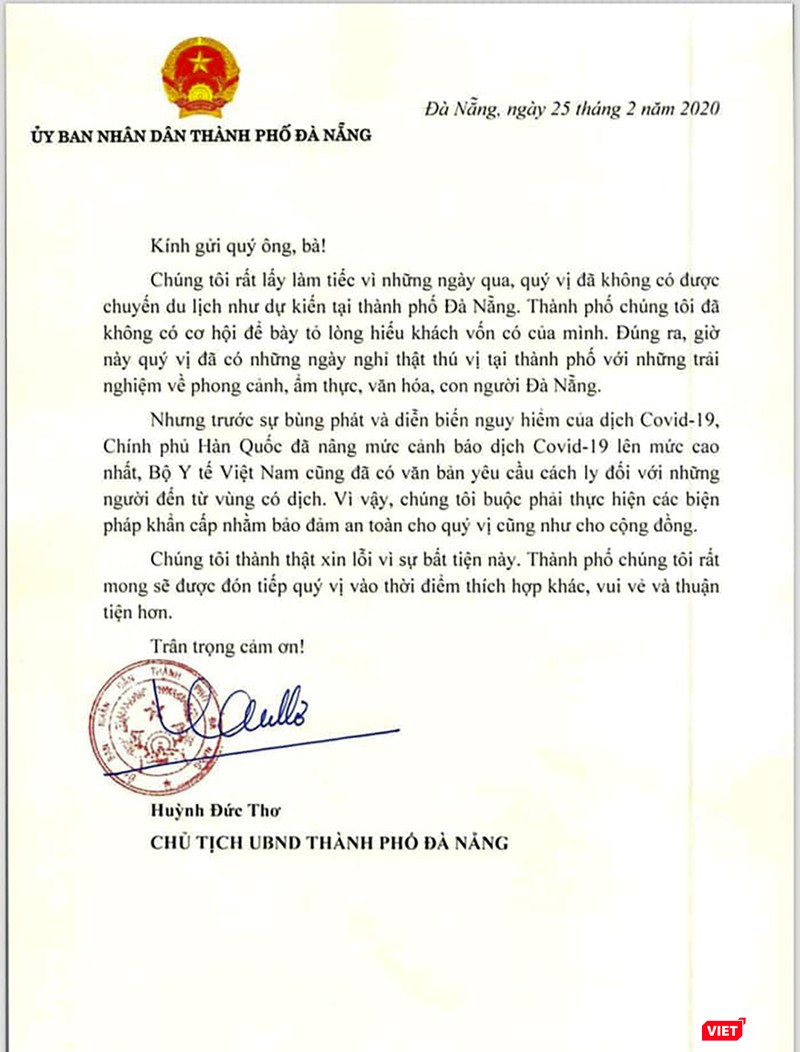 Chiều 25/2, Chủ tịch UBND TP Đà Nẵng có thư gửi đến đoàn khách Hàn Quốc nhập cảnh du lịch Đà Nẵng trong lúc dịch bệnh buộc phải áp dụng cách ly Chiều 25/2, Chủ tịch UBND TP Đà Nẵng có thư gửi đến đoàn khách Hàn Quốc nhập cảnh du lịch Đà Nẵng trong lúc dịch bệnh buộc phải áp dụng cách ly