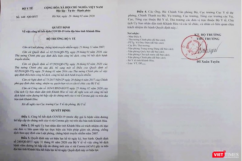 Quyết định số 648/QĐ_BYT của Bộ Y tế công bố hết dịch COVID-19 trên địa bàn toàn tỉnh Khánh Hòa kể từ ngày 26/2. Quyết định số 648/QĐ_BYT của Bộ Y tế công bố hết dịch COVID-19 trên địa bàn toàn tỉnh Khánh Hòa kể từ ngày 26/2.